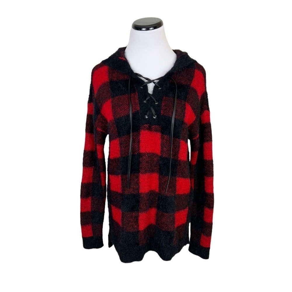 Rock & Republic Buffalo Check Plaid Lace Up Hooded Sweater Black Red Size Small